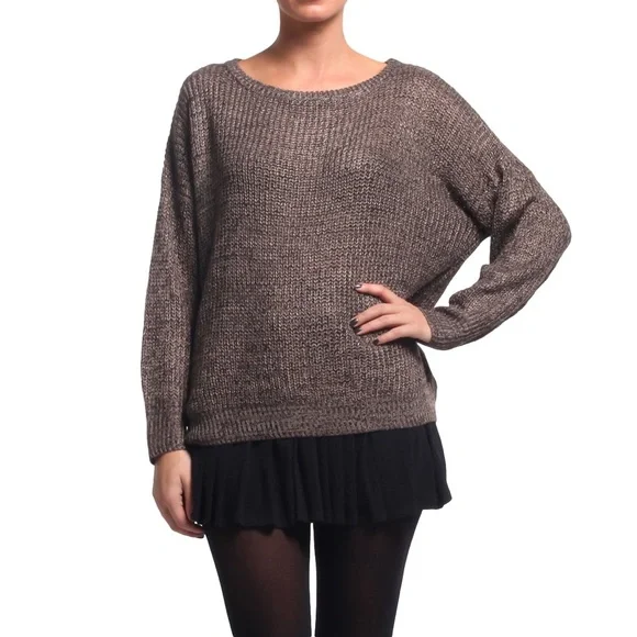 New Josephine Chaus Knit Sweater Brown Semi-transparent waffle scoop neck - Picture 3 of 11
